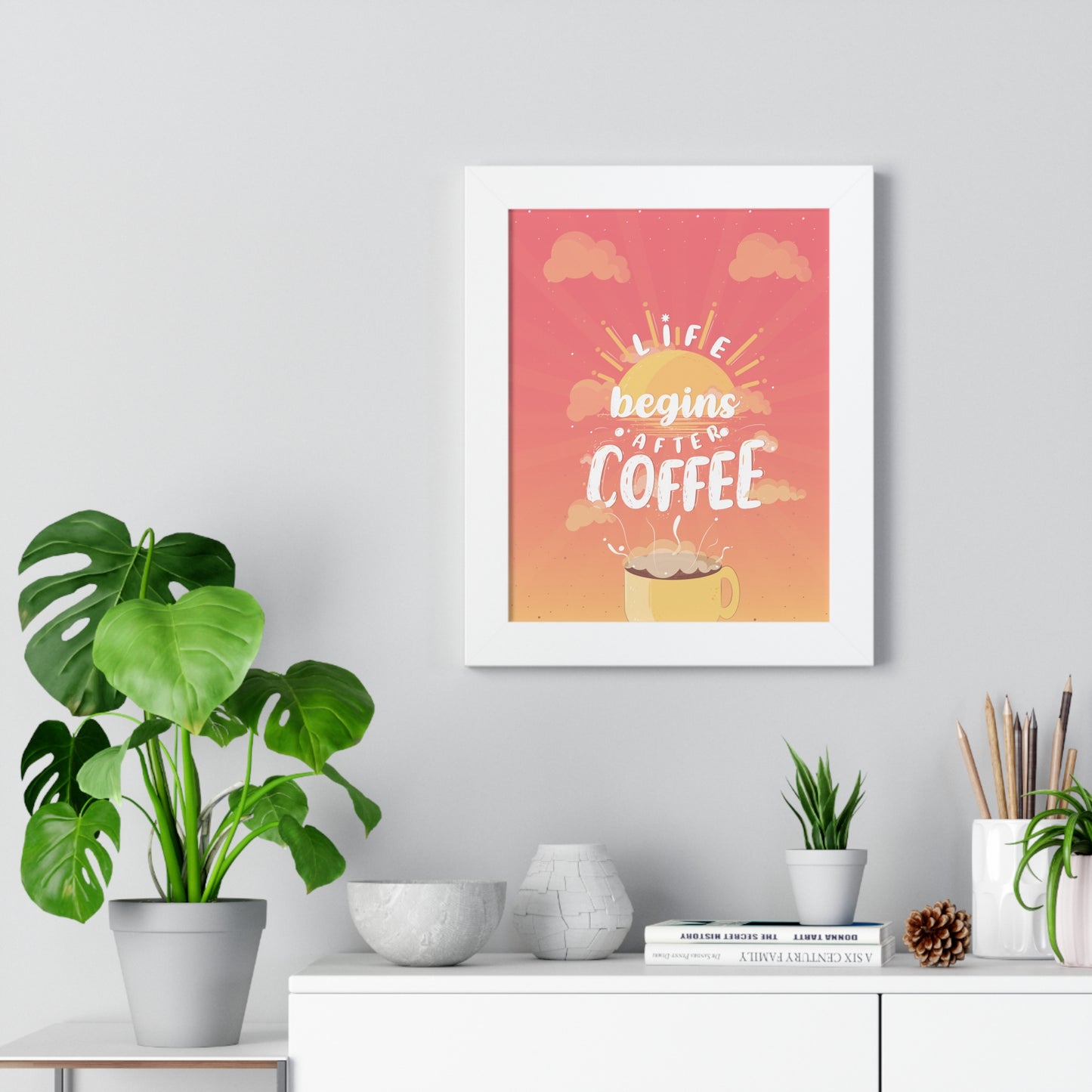 Life Begins After Coffee — Framed Vertical Poster