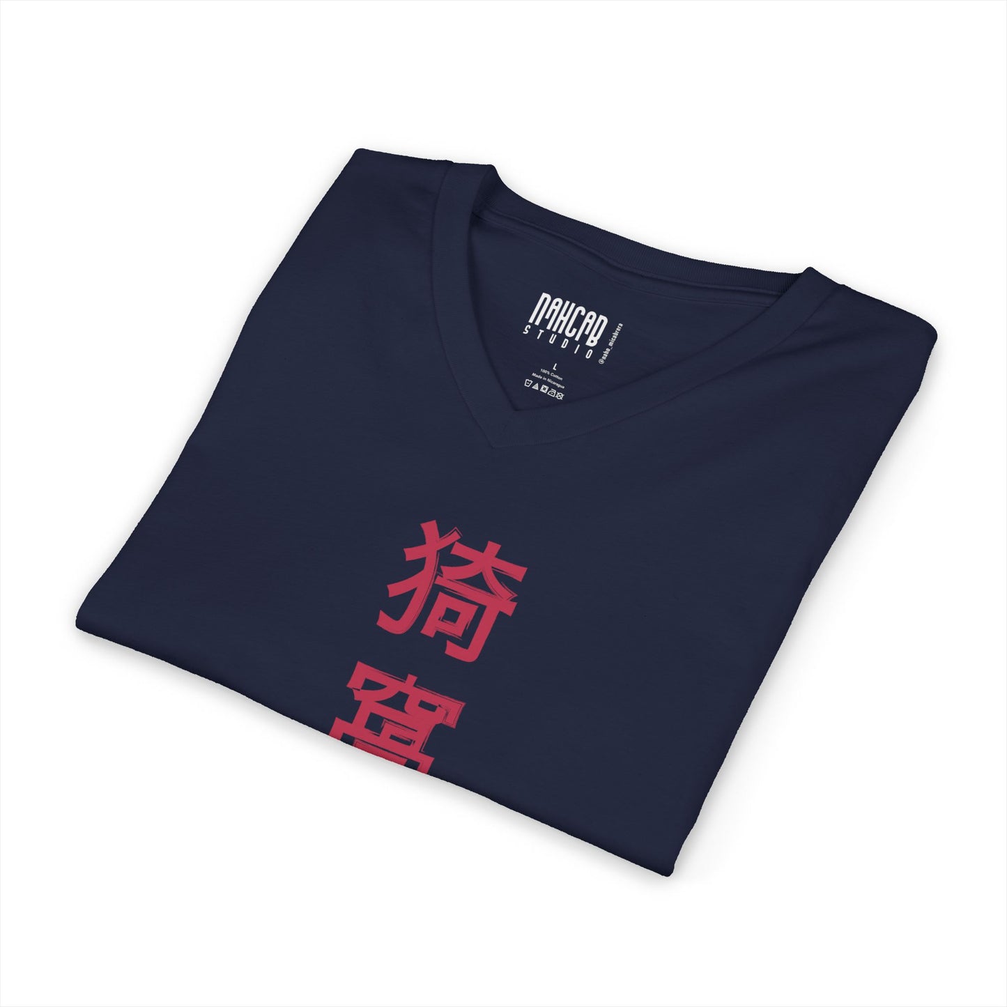 Samurai Masked Warrior V-Neck Tee — Japanese Kanji Back Graphic