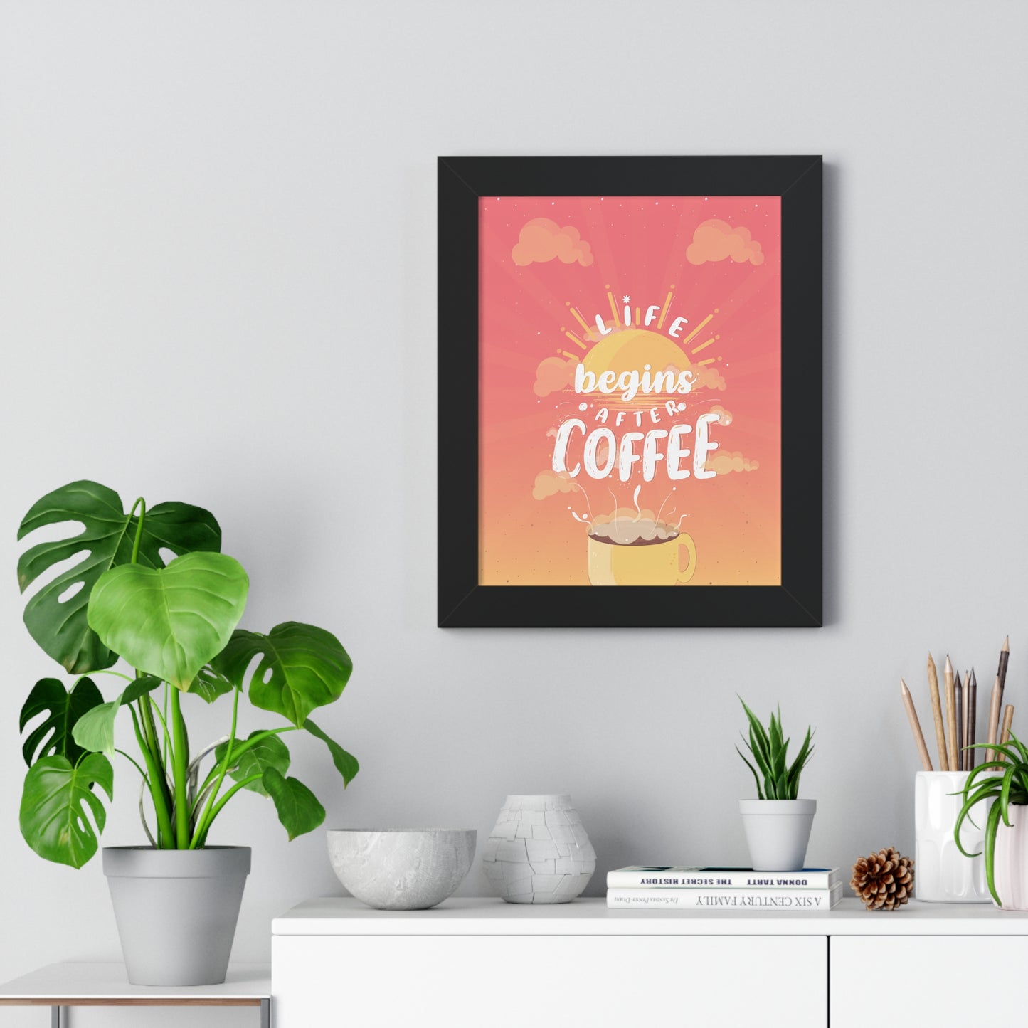 Life Begins After Coffee — Framed Vertical Poster