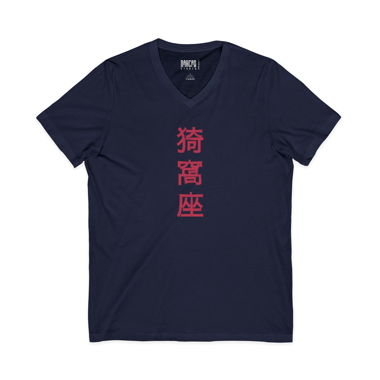Samurai Masked Warrior V-Neck Tee — Japanese Kanji Back Graphic